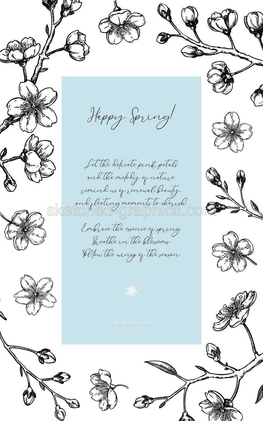 Japanese style greeting card design. Spring hand-drawn vector illustration. Sakura, cherry blossom sketches. Wedding invitation template. NOT AI genereted Illustration